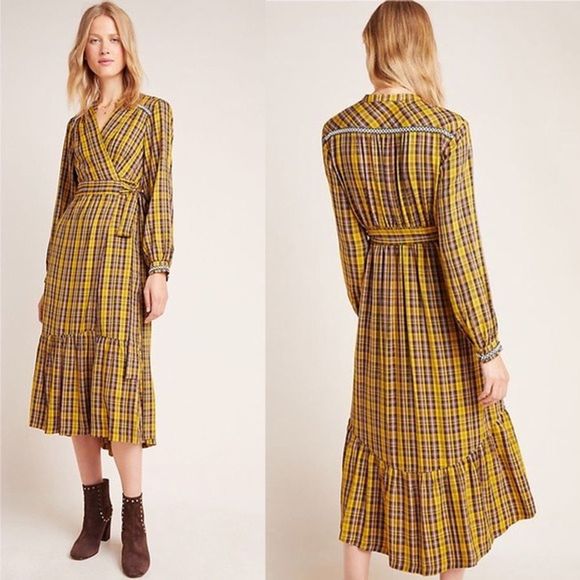 Anthropologie Dresses & Skirts - Dalton Wrap Maxi Dress Yellow Plaid